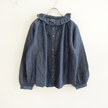 //【美品/定価2.2万】ネストローブ nest Robe *コットンリネンダンガリーフリルシャツ*Fブラウスネイビー(33-2402-875)【22C42】_画像1