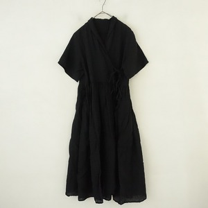 //ネストローブ nest Robe *リネンカシュクールワンピース*F黒ブラック無地麻半袖ショートスリーブ(33-2403-75)【62C42】