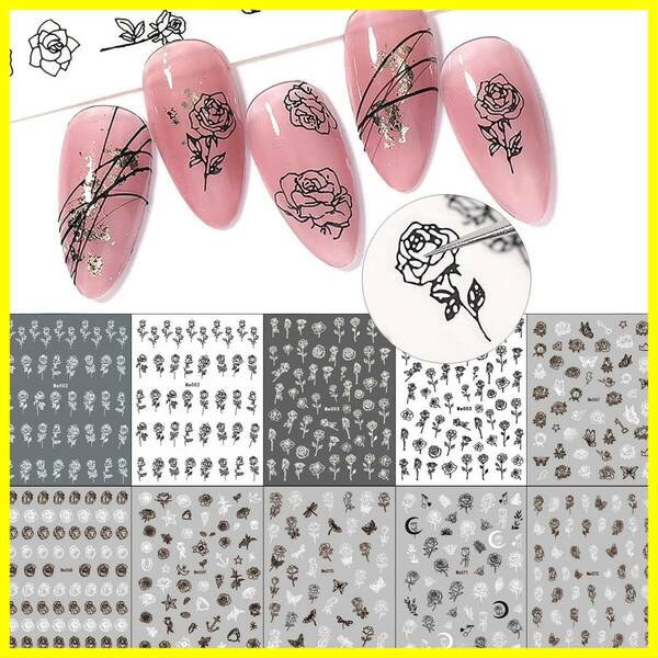 【新着商品】白黒 バラ 花 複数のスタイル 3D ネイルシール DIY 10枚 ネイルシールセット LANODO
