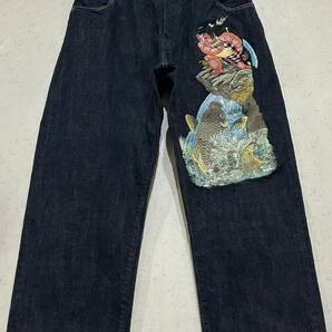 ※YAMANE ヤマネ LOT 1926 水滸伝 刺繍 セルビッチ デニムパンツ EVISU エヴィス エビス 濃紺 34        BJBD.Cの画像1