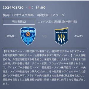 3/20(水・祝) J2 横浜FC VSザスパ群馬 バックホームエンド指定 2枚 A