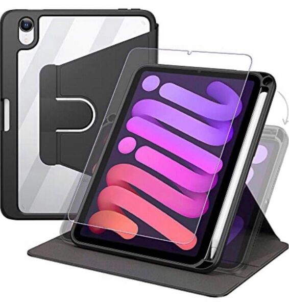 ipad mini6 ケースガラスフィルムセット 360度回転 手帳型