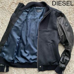 極美品/XL相当/ディーゼル DIESEL 袖切替 ジップアップ ジャケット スタジャン ブルゾン ライダース レザー 山羊革 ウール ニット ブラック