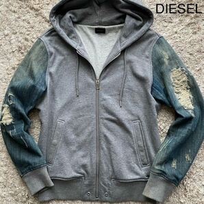 極美品/XL相当●DIESEL ディーゼル デニム切替 パーカー Gジャン ジャケット ジップアップ フード インディゴ ダメージ加工 ロゴ金具の画像1