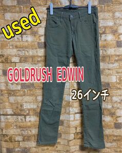 GW前お値下げ中^ ^ used GOLDRUSH EDWIN メンズストレッチパンツ 26 カーキ ウエスト66cm 股下約78