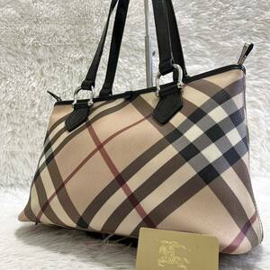 Gカード付き 良品 BURBERRY バーバリー PVC ノバチェック メガチェック チェック柄 トートバッグ ハンドバッグ レザー 1円