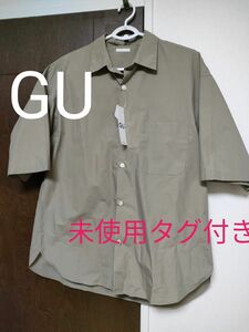 gu メンズ ブロード オーバーサイズ シャツ (5分袖) カーキ