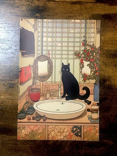 【新品】かわいい和風黒猫ポスター　部屋飾り　インテリア　雑貨　玄関飾り　 絵画　 アート　バスルーム　レトロ　ヴィンテージ