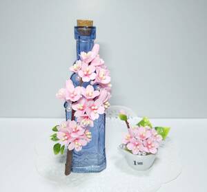 （ねこたぬ工房）ハンドメイド☆樹脂粘土☆桜☆さくら☆ガラスボトル☆ミルクピッチャー☆置物☆２個セット