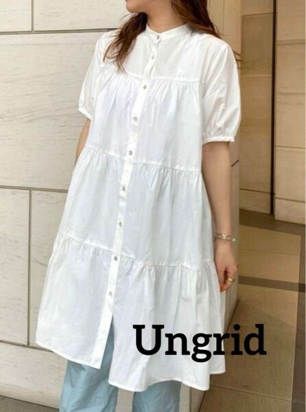 【美品】Ungrid パフスリーブ ティアード ミニワンピース 白 半袖