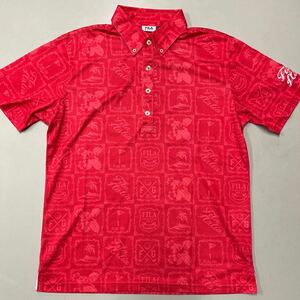 フィラ ゴルフ FILA GOLF ポロシャツ ドライ メンズ Lサイズ 半袖 ボタンダウン 総柄 赤 レッド