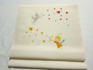 Art hand Auction Service [Cute angel and heart], Star] Hama chirimen pure silk◆All hand-painted Yuzen dyed◆Nine size Nagoya obi fabric◆Untailored, band, Nagoya obi, untailored