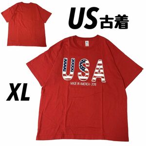 US古着 USA Tシャツ メンズ 半袖 XL 丸銅 オーバーサイズ プリント 星条旗 レッド系(p025)