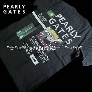 本物 新品 40401115 PEARLY GATESパーリーゲイツ/5(サイズL)超人気 コラージュ柄半袖Tシャツ 日本製 凄くカッコイイ！