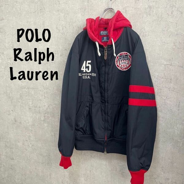 ポロ　ラルフローレン Ralph Lauren ネイビー ブルゾン 肉厚パーカー　フルジップ　ワッペン　中綿ジャケット 裏地サーマル