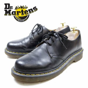 良品　UK7　26cm相当　Dr.Martens　ドクターマーチン　3ホール　レザーシューズ　ブラック シンプル　イエローステッチ/24.3.12/P363