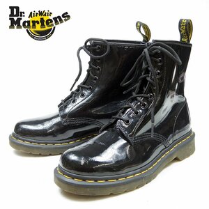 UK6　25cm相当　Dr.Martens　ドクターマーチン　8ホール　ブーツ　エナメル　ブラック　イエローステッチ　黒/24.3.20/P478