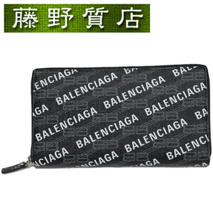  Balenciaga BALENCIAGA round fastener wallet leather black × white × gray 594317 Logo long wallet 8239