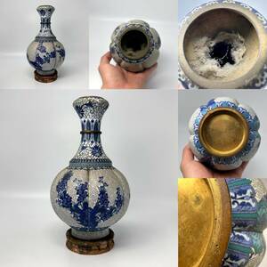 時代物 旧家整理品 金銅 七宝焼 花卉文花瓶 花入 古物保証 傷有リ 唐物台付き（古銅 唐物 文房具 中国美術 景泰藍 仏教美術仏像 煎茶道具）