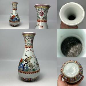 時代物 旧家整理品 清朝期 粉彩花鳥文花瓶 花入 古物保証 高２３.５cm（朝鮮高麗李朝 煎茶道具 中国美術 骨董品 唐物 青花 陶磁器）