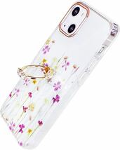 c-822 YUYIB iPhone14 ケース iPhone13 ケース 兼用 リング付き クリア 花柄 かわいい おしゃれ (iPhone14 6.1, 花柄リング-2)_画像1