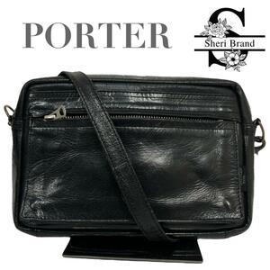 1円●PORTER ポーター●ショルダーバック レザー 黒色 ブラック メンズ サコッシュ 吉田カバン 本革