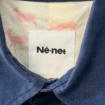 F9982iL Ne-net ネネット サイズ2 (M位) ショップコート 綿100% ネイビー 紺色 レディース 刺繍 小鳥 裏地アニマル コットンジャケット古着_画像8