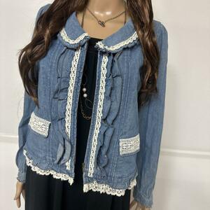 a7915* axes femme * spring *femi person race & frill attaching 2WAY thin Denim jacket! light outer canmil