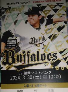 即決　3月30日　オリックス対福岡ソフトバンクホークス　内野席3塁側　通路から2連番