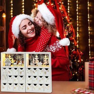 クリスマス カウントダウンカレンダー 木製 LED ライト付き　キッズ アドベント カレンダー トナカイ デコレーション 