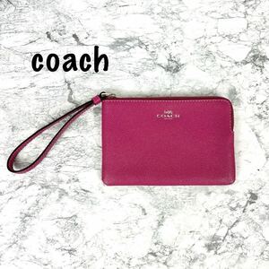 美品　COACH コーチ ピンク　ポーチ 小物入れ カードケース　小銭入れ　カード2枚収納 ストラップ コインケース　濃いピンク　美品 60309AM