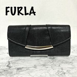 FURLA フルラ 長財布 2つ折り 黒　レザー財布　リザード　ブラック 美品 スナップボタン式 カード12枚収納 綺麗 可愛い おしゃれ 60309AM