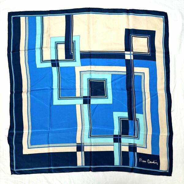 ピエールカルダン 白　青　水色　大判スカーフ シルクスカーフ 絹　正方形 幾何学模様 芸術 アートブルー系 60309AM