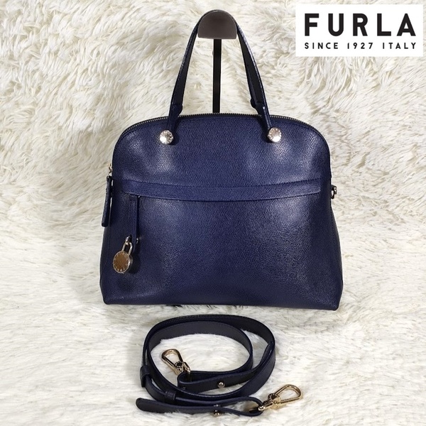 FURLAフルラ パイパー M ハンドバッグ ショルダーバッグ 2WAY ネイビー系 紺色 金具 金 ゴールド 送料無料 匿名配送