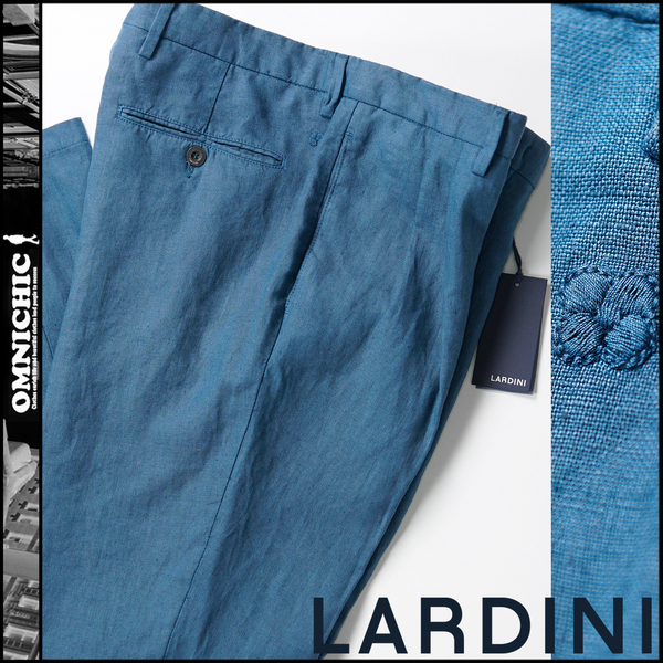 爽やかで合わせやすく映える！春夏モデル■新品【LARDINI】ラルディーニ極上リネン100％/2タックソリッドパンツ48/M/ターコイズブルー系