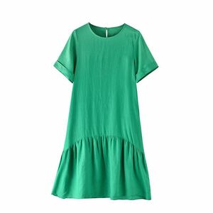 レディーストップス　半袖 麻リネンロングワンピース　肌触りいい　通気性いい　ナチュラルマーメイドスカート高品質緑色