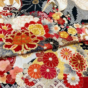 着物月花 金駒刺繍 金彩 鶴 艶やかな花 振袖 正絹 金糸 ガード加工 ki1076の画像5