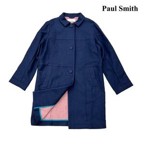 Paul Smith ポールスミス ロングコート ステンカラーコート リネン混 麻混 ネイビー 濃紺 裏地ピンク レディース 40 Lサイズ