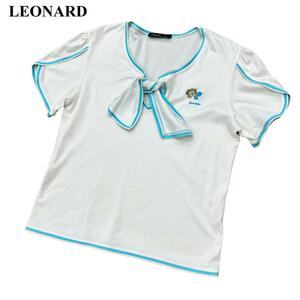 LEONARD レオナール ボウタイブラウス トップス カットソー ロゴ刺繍 水色 白 半袖 レディース Lサイズ