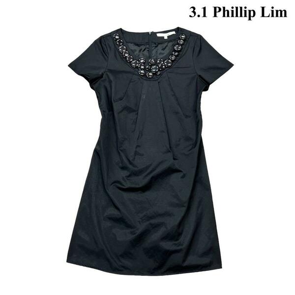 3.1 Phillip Lim スリーワンフィリップリム ワンピース ビジュー装飾 裏地あり コットン100% 半袖 黒 ブラック レディース Sサイズ