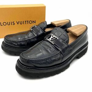 21年モデル■ LOUISVUITTON メジャーライン ダミエ オールレザー ローファー 黒 ルイヴィトン 革靴 サイズ6 1/2 メンズ 25.5cm ブラック