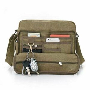  shoulder bag men's lady's light weight many pocket canvas khaki 