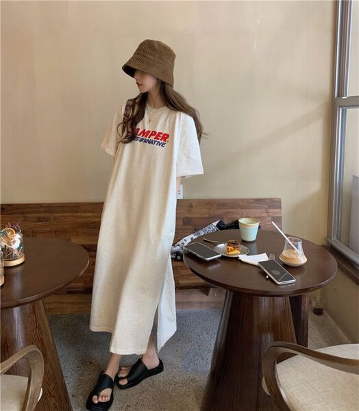 ワンピース チュニック Tシャツ ロング丈 ホワイト ロングワンピース ワンピース カジュアル