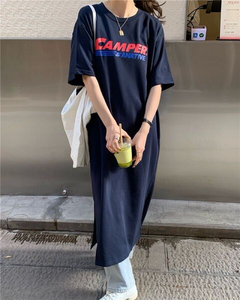 ワンピース チュニック Tシャツ ロング丈 ネイビー 半袖