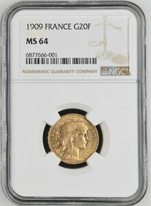 1909年　ルースター　20フラン金貨　NGC MS64