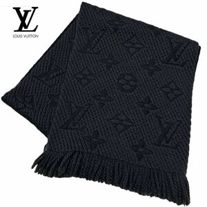 美品●LOUIS VUITTON ルイヴィトン エシャルプ ロゴマニア モノグラム LV マフラー ストール ウール シルク 絹 ネイビー イタリア製