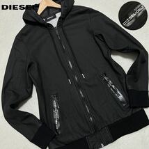 未使用級/L相当●DIESEL ディーゼル レザー調 コーティング加工 ジップパーカー フードジャケット ブルゾン ストレッチ 春 スプリング 黒_画像1