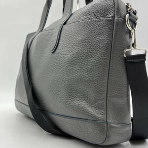 1円●美品●COACH コーチ トートバッグ ショルダー 2WAY ビジネス レザー シボ革 ビジネス 書類鞄 大容量 A4 メンズ グレー ロゴ型押し