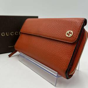 1円●入手困難●GUCCI グッチ 長財布 ラウンドジップ ウォレット フラップ インターロッキング GG レザー 本革 オレンジ メンズ 男女兼用