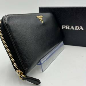 1円●美品・付属品有●PRADA プラダ 長財布 ラウンドファスナー ジッピーウォレット レザー シボ革 本革 ブラック 黒 メンズ レディース